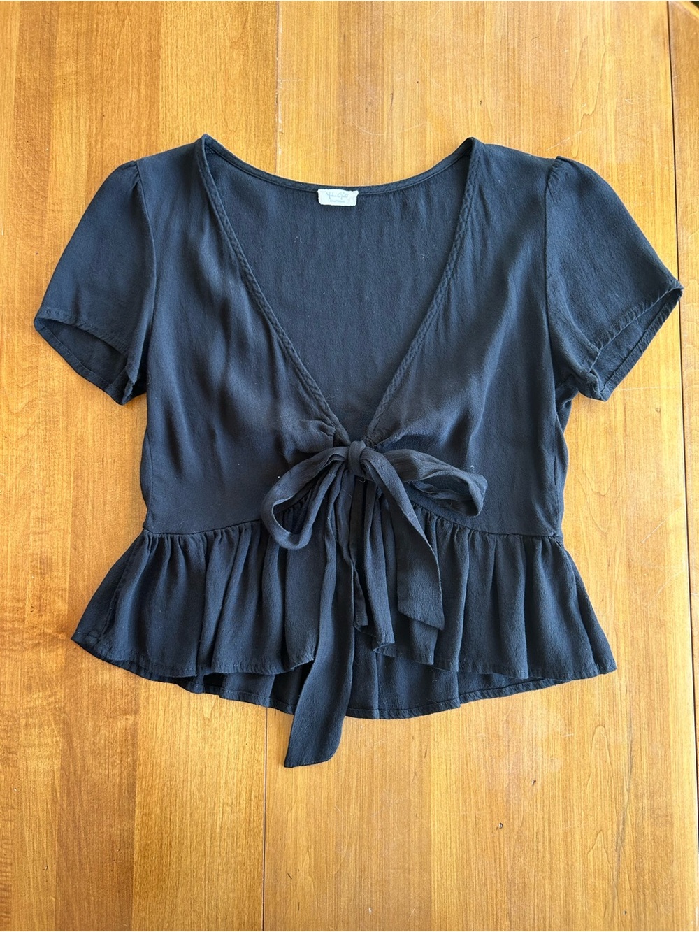 Brandy Melville Black Tie-Front Peplum Blouse